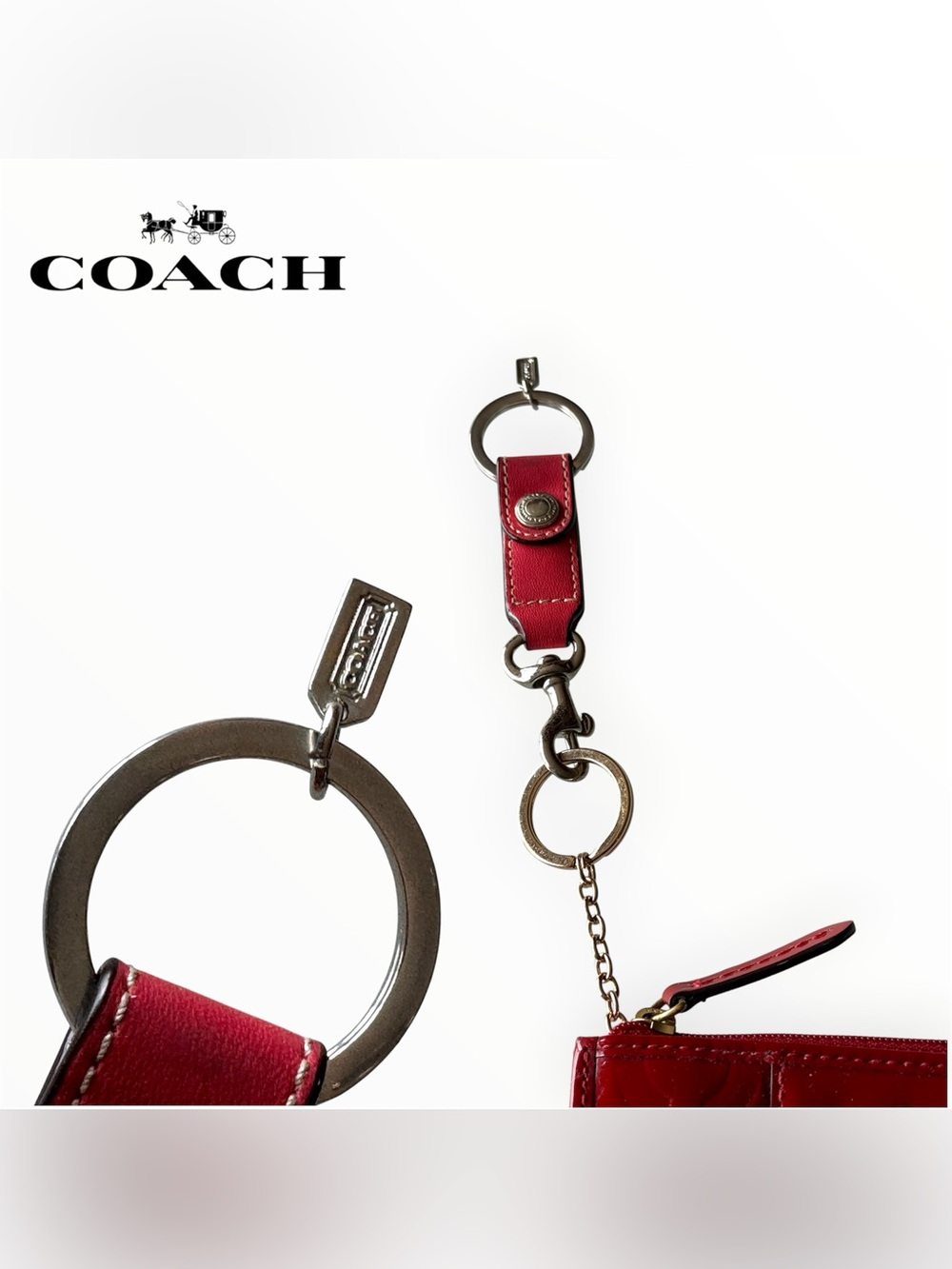 🛍️SALE🛍️ Coach Red Shiny Patent Leather Key Ring Zipper Card Wristlet / Wallet - Picture 3 of 7